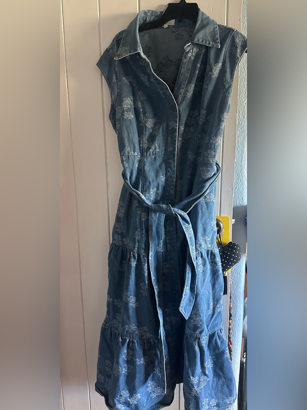 Solitaire Floral Denim Midi Dress Denim Floral Button-Front Dress with Waist Tie